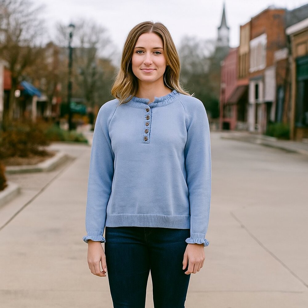 BTFBM Women M 1/4 Button Blue Ruffle Neck & Cuff Knit Preppy Casual Sweater Y2K